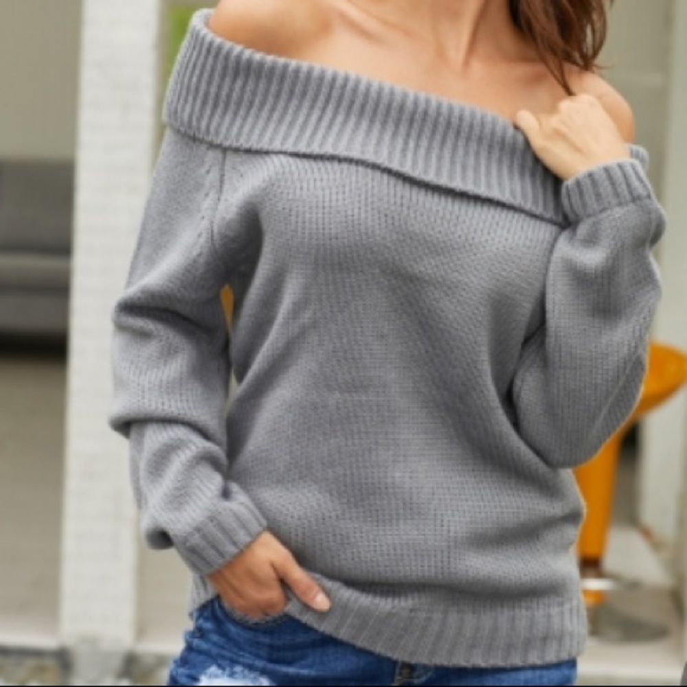 Gray Turned down cowl neck sweater - Picture 1 of 5